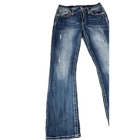 Miss Me Jeans Womens 30 Blue Mid Rise Bootcut Distressed Flap Pockets Rhinestone - Picture 4 of 16